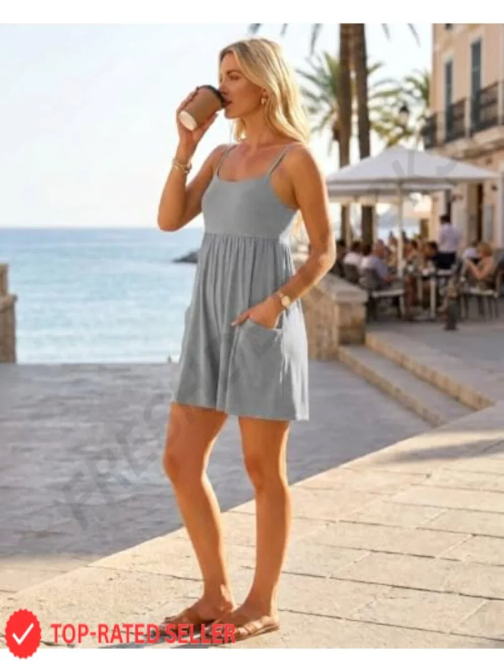 Women's Cotton Romper Jumpsuit with Pockets Square Neck Adjustable Straps